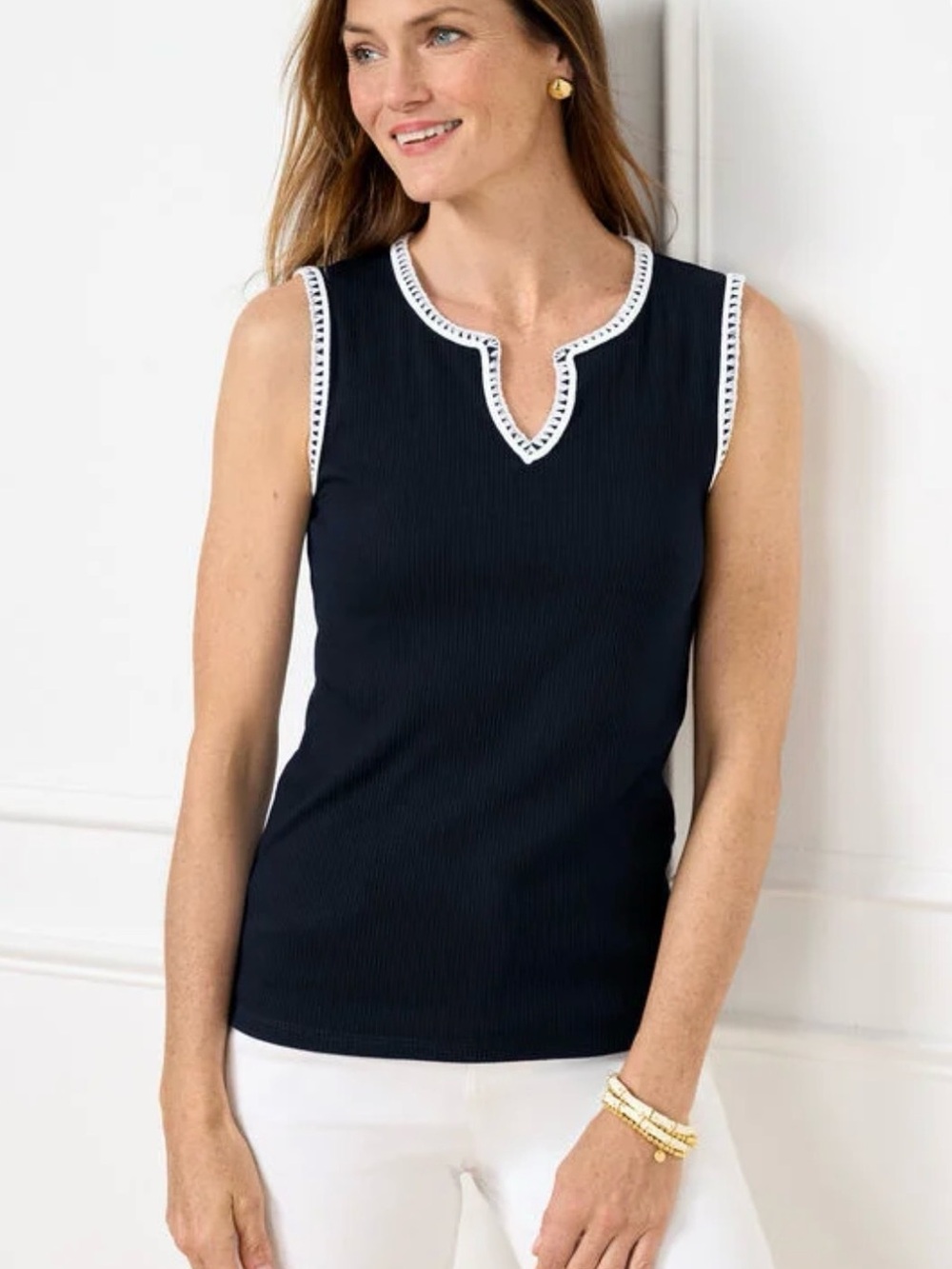 Talbots Navy Embroidered Split Neck Sleeveless Knit Tank with White Trim, Size M